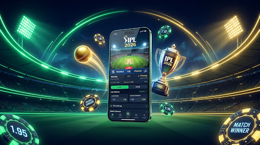 3D composition of a glowing smartphone displaying an IPL betting interface, hovering above a realistic cricket stadium with floodlights, alongside a golden IPL trophy and casino chips.